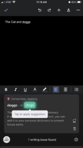Image of the Grammarly keyboard making a correction in a Google Doc