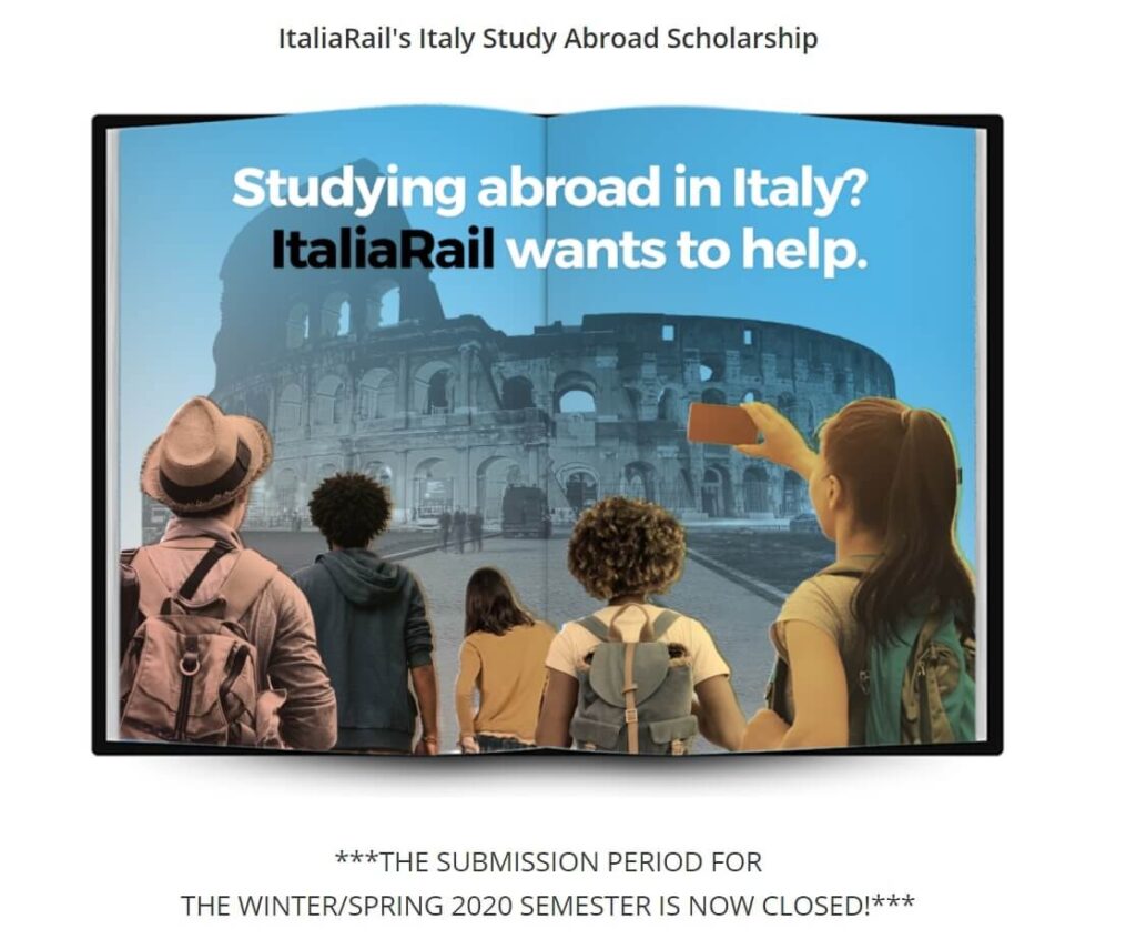 This is an image of the ItaliaRail scholarship webpage. You can apply for the company's scholarship if you plan on studying abroad in Italy.