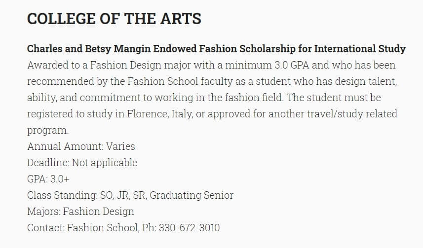 This image displays a study abroad scholarship offered through The Fashion School at Kent State University.