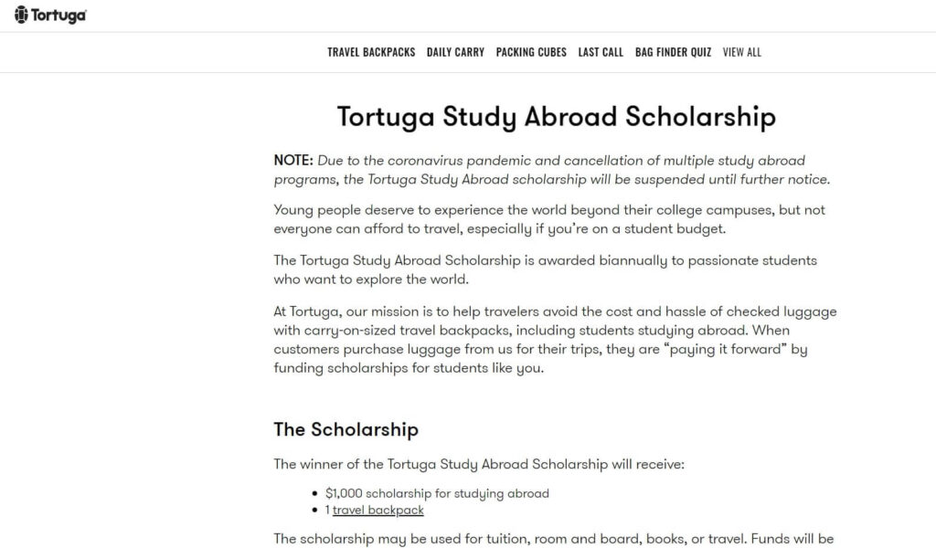 This is an image of the Tortuga Study Abroad Scholarship webpage. This picture shows what winners receive from the scholarship.