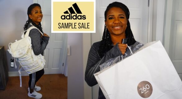 Thumbnail image of me holding the 260 sample shopping bag smiling. The Title says Adidas Sample Sale with the Adidas logo. The picture to the left shows me posing with the cream Adidas bookbag I purchased.