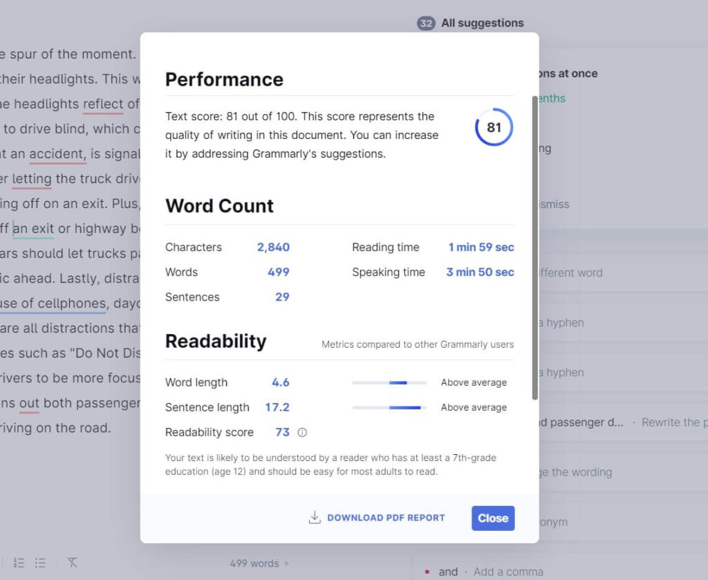 Image of Grammarly performance report