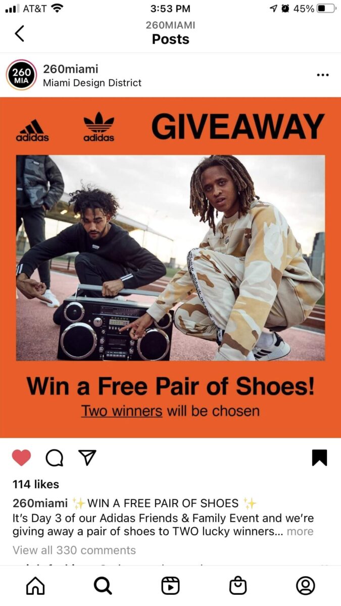 Instagram posting showing the giveaway for the 260 Adidas Sample Sale