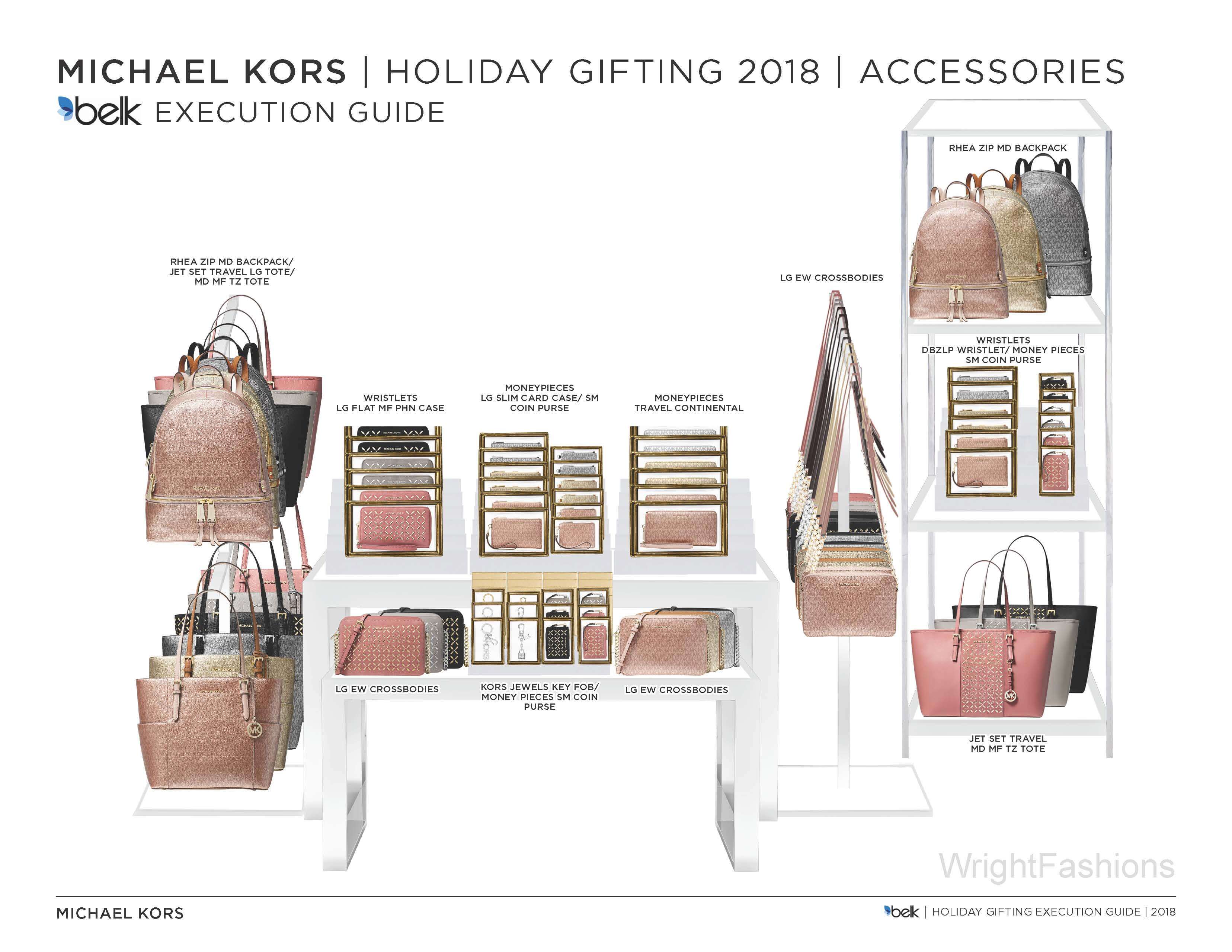 Belk directive I created for my fashion internship at Michael Kors in NYC. The picture showcases bright pink, gold, and silver handbags. There are tables showing crossbody bags and wallets to along with it.