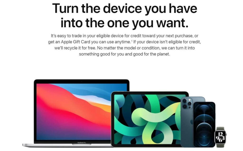 Image showing you how you can trade in your Apple device. It gives information on how you can get an Apple gift card.