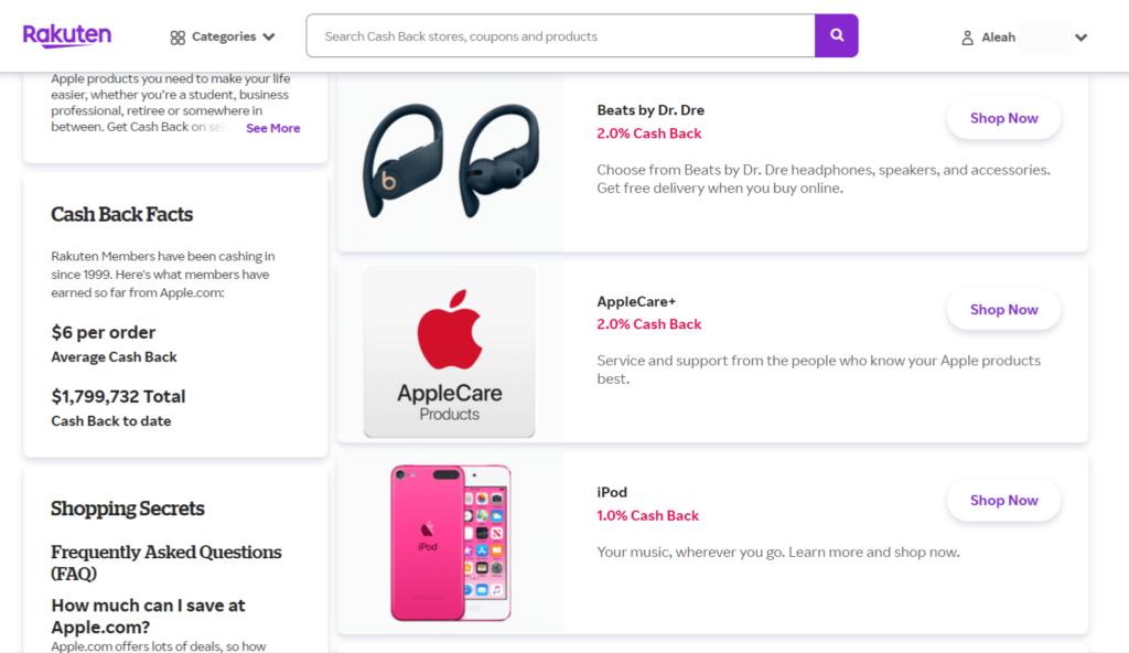 Image of the Rakuten website showcasing the cash given on Apple Care, Beats By Dr. Dre, and iPods.