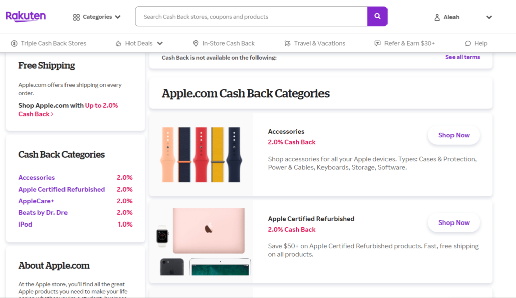 Image of the Rakuten website showcasing the cash back given on Apple Certified Refurbished devices, and Accessories.