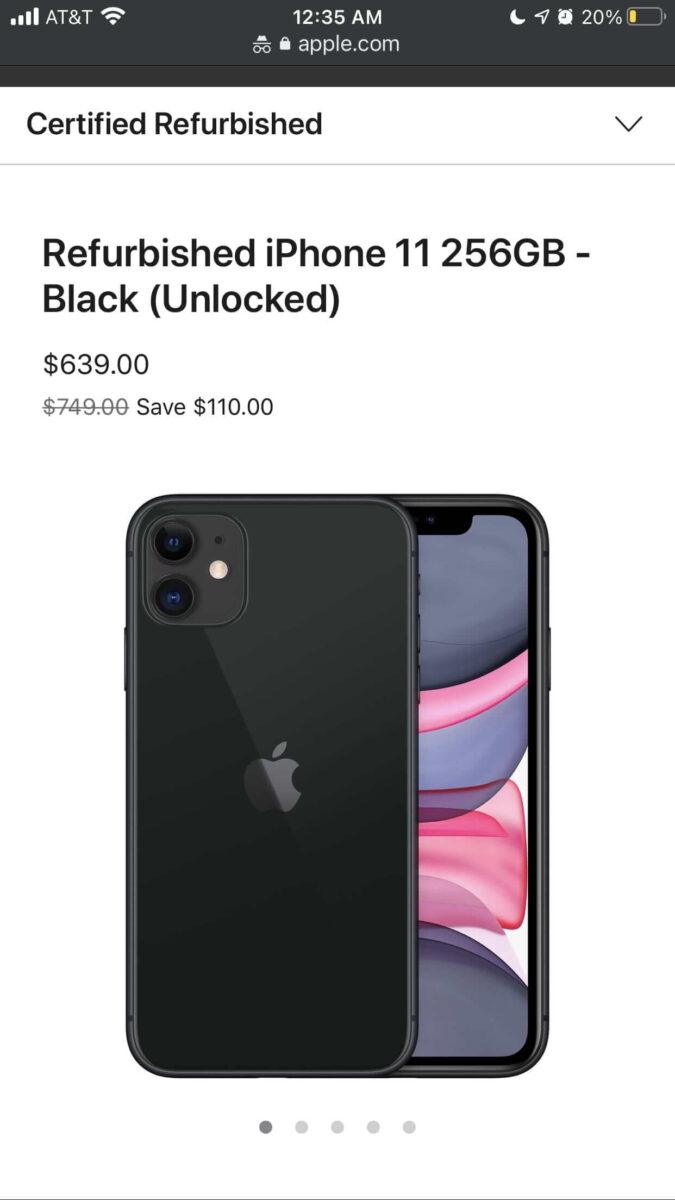 Image of the black iPhone 11 on the Apple Certified Refurbished Website.