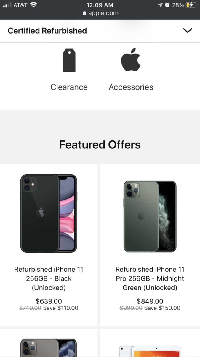Image of deals on Apple products like the iPhone 11. It shows the price drop of the phone going from $749 dollars to $639 dollars.