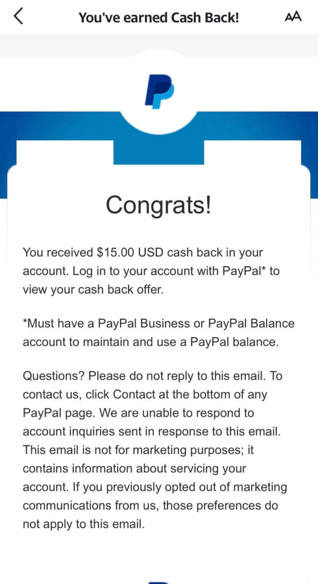 Image of e-mail from PayPal confirming $15 cash back has been sent.