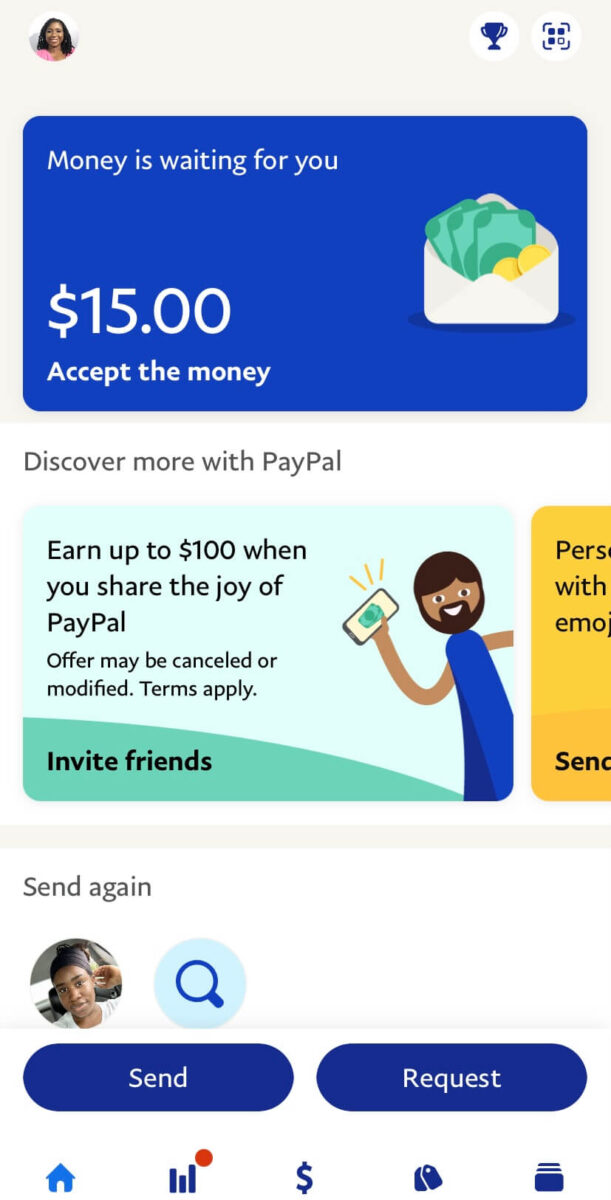 Image of $15 cash back in the PayPal account