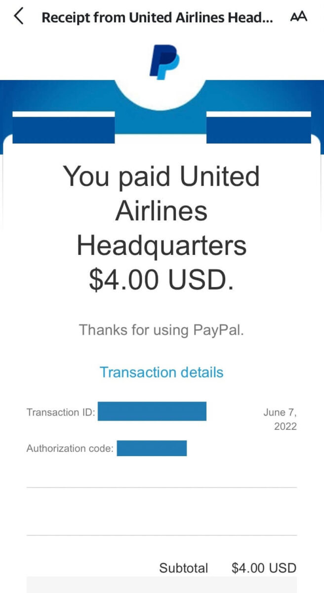 Image of transaction for United Airlines from PayPal.