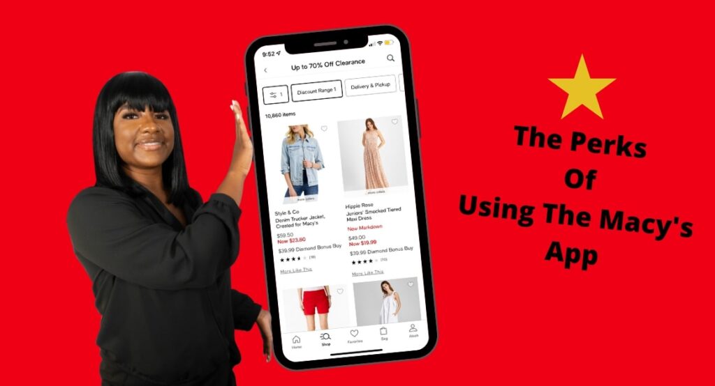 Image of me holding a phone showing the Macy's shopping page. Next to the phone the text says the perks of using the Macy's app.