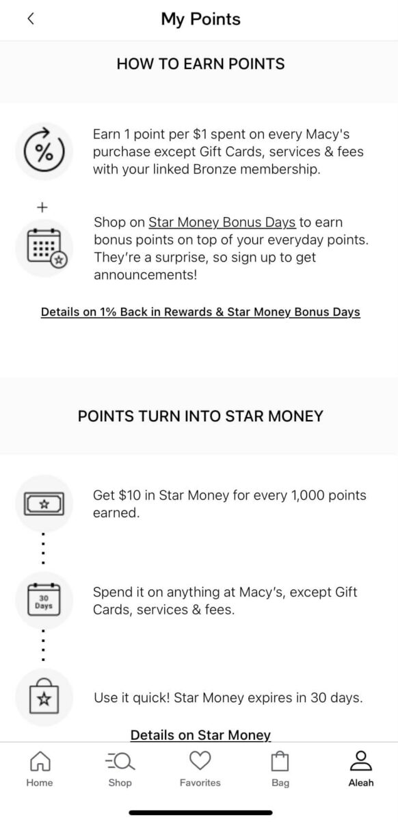 Image displaying instructions on how to earn points with Macy's