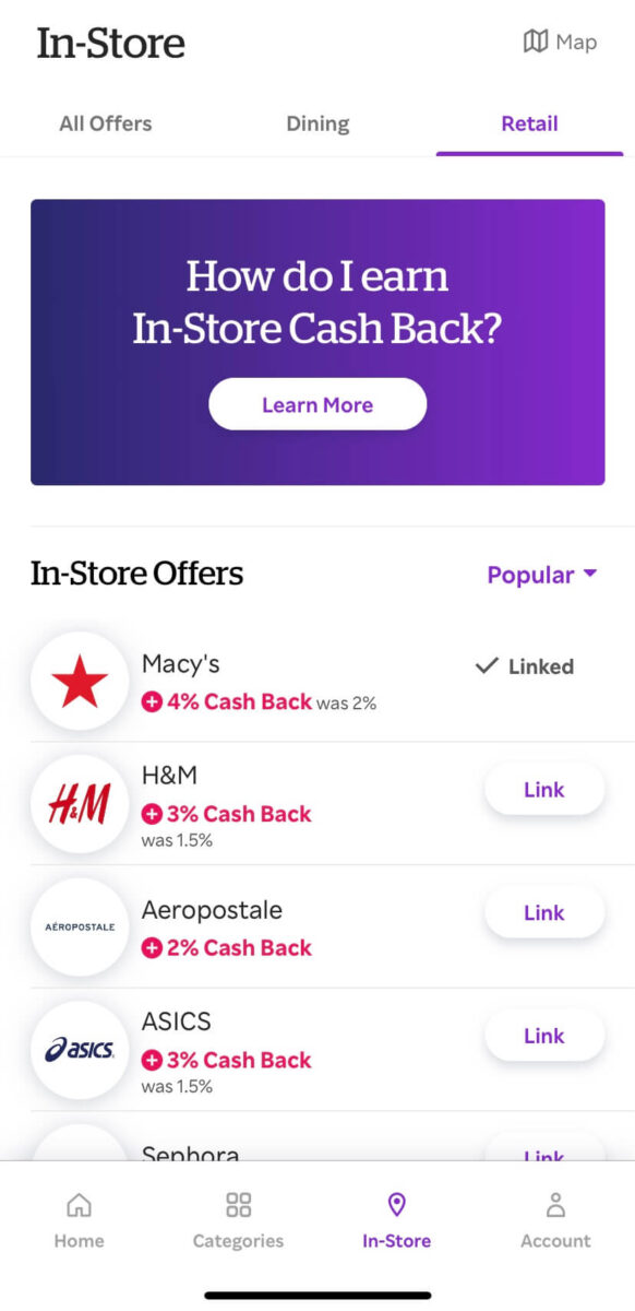 Image of Rakuten mobile app showing the Macy's cash back offer