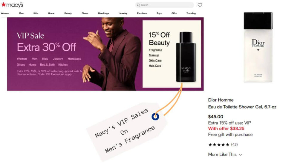 Image displays Macy's website showing sale on Dior fragrances