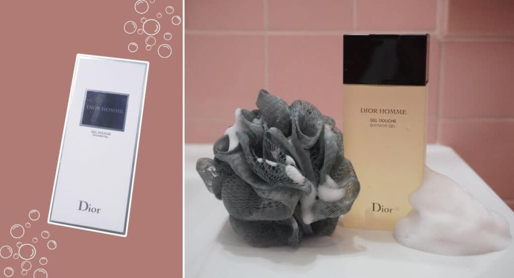 Image displays Dior Homme body wash bottle next to a loofah with soap foaming on the side