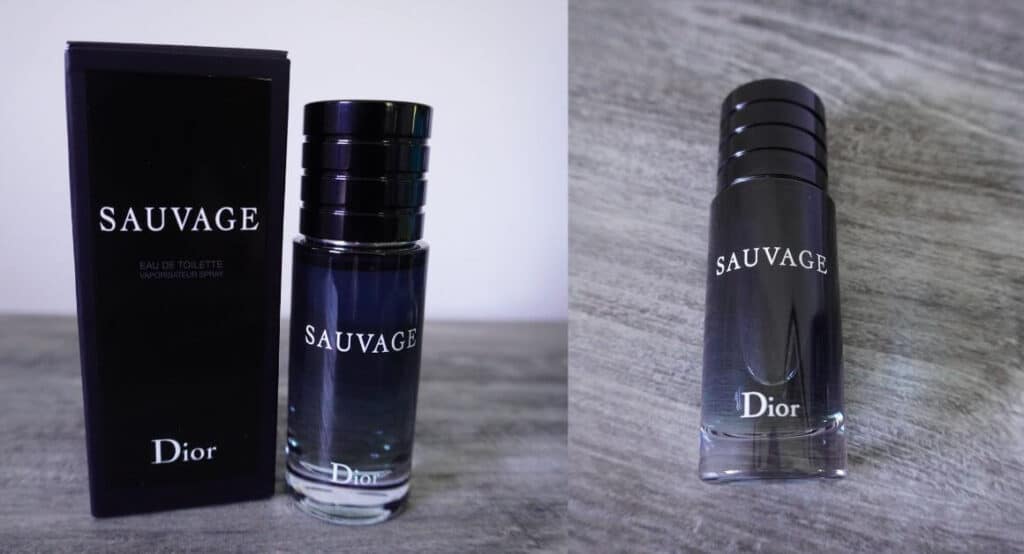 On the left is the box of the Dior Sauvage cologne and on the right is the bottle face down.