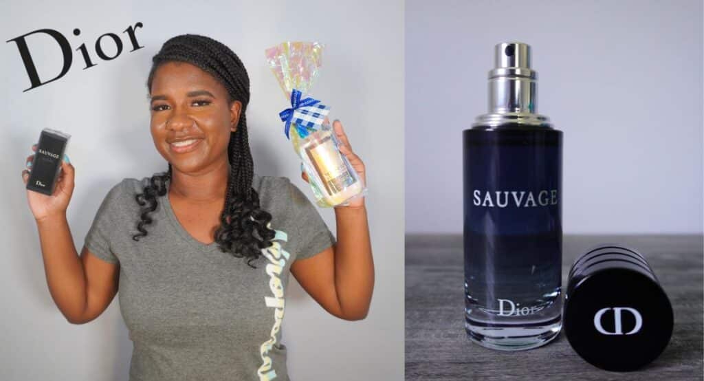 On the right I am holding the Dior Sauvage cologne in my right hand. On the left is a picture of the cologne bottle.