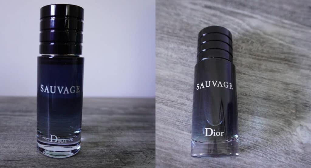 On the left is the Dior Sauvage Toilette cologne upright and on the right is the bottle face down.