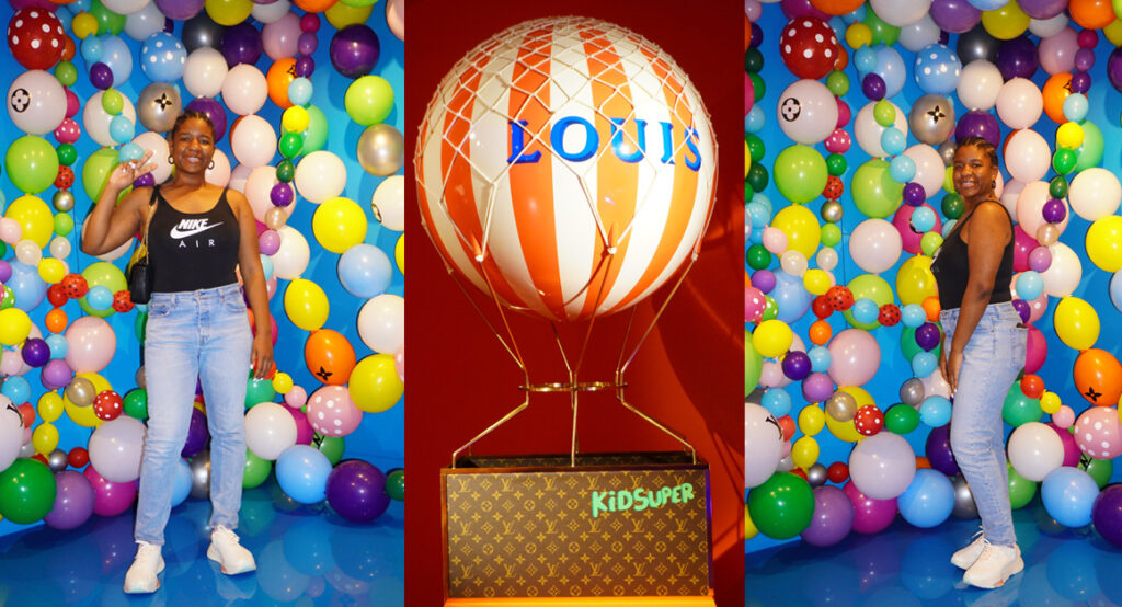 Image of me posing in the Louis Vuitton rooms. I'm standing against a colorful background full of balloons. The middle image shows a Louis Vuitton trunk with a balloon attached.