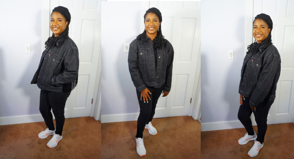 Three images of me posing in a black fringe jacket from Levi's.