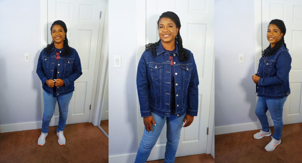 Three images of me posing in a blue Levi's denim jacket.
