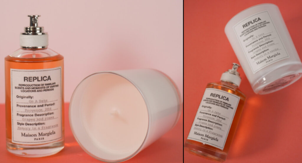 Image is split in half and shows the Maison Margiela Replica perfume and candle in the scent "On A Date".