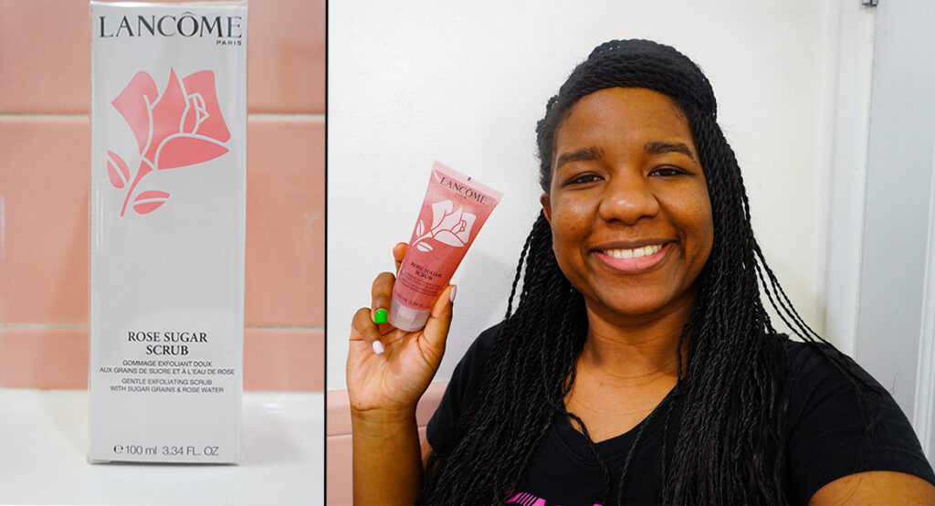 Image is split, on the left side it shows the box the Lancome Rose Sugar Scrub comes in. On the right, I am holding the Lancome Rose Sugar tube.