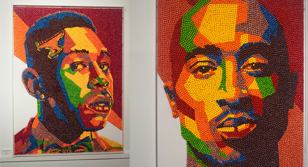 Image of Skittles paintings of Tupac and Tyler The Creator by Harold Claudio for Art Basel.