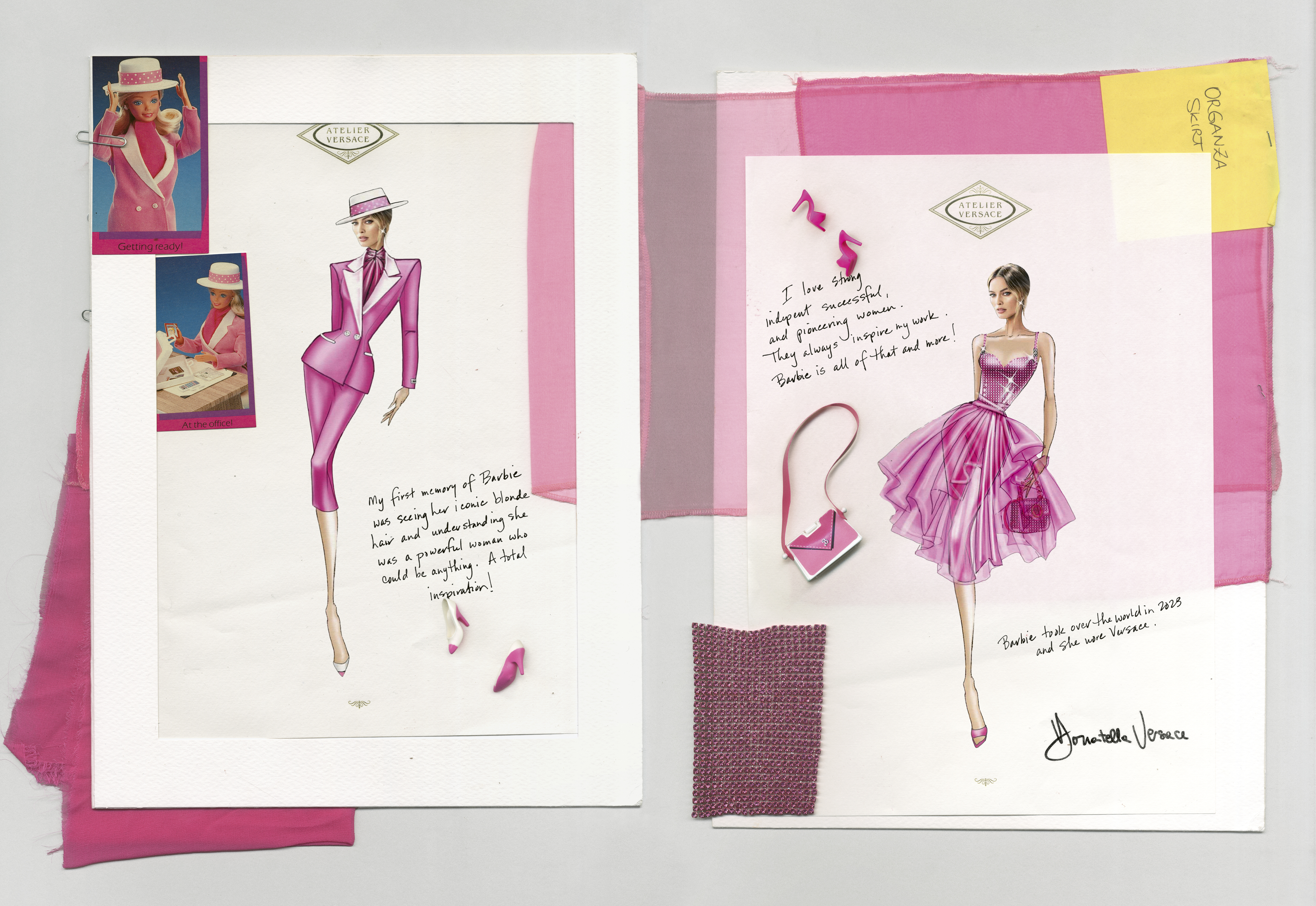 Image of the Versace sketches of Margot for the Barbie World Tour book.