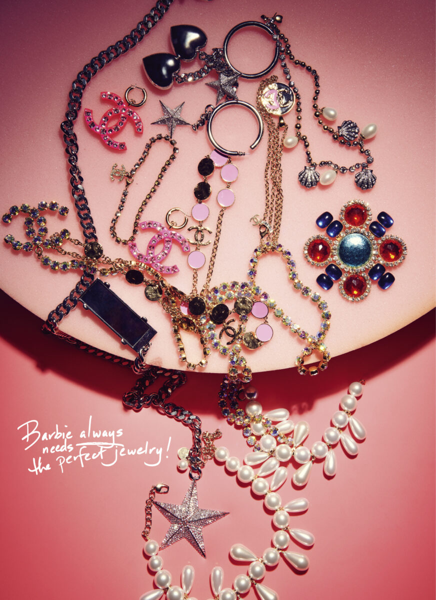 Image of Chanel jewelry for the Barbie World Tour book. 
