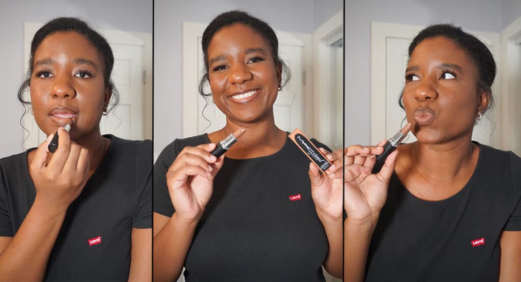 Image of me holding and applying the MAC Cosmetics lipstick in shade Hodgepodge