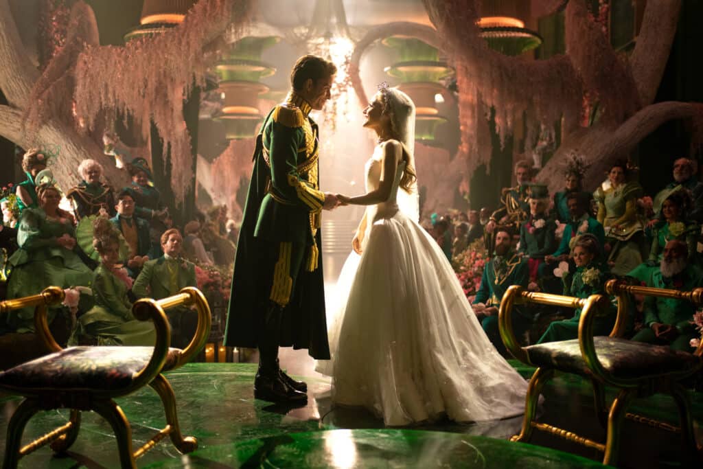 Image of Jonathan Bailey as Prince Fiyero at his wedding day with Ariana Grande as Glinda.